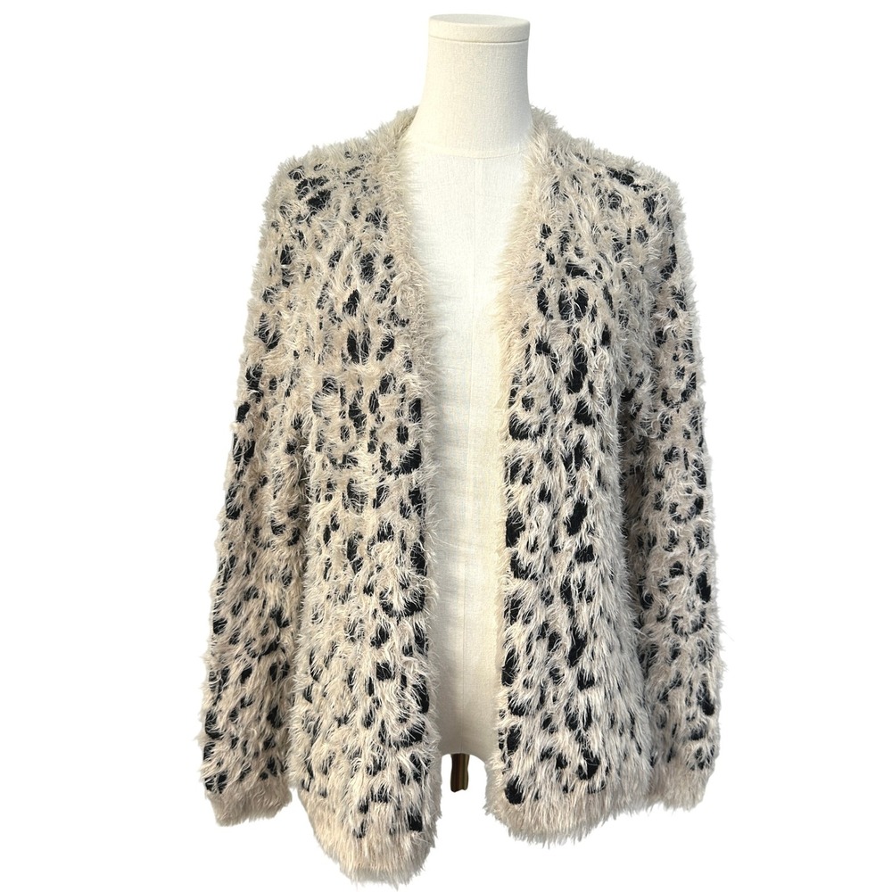 XOXO Fuzzy Animal Print Open Cardigan L Cream/Black Grunge Indie
